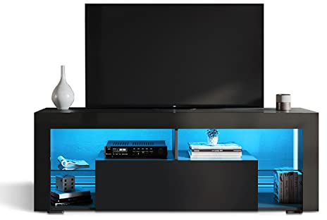 SONNI Mueble TV con Luz LED 12 Colores, Mesa de Salón Negro Brillo para TV Estantes Cristal y Puerta Abatible 140 cm