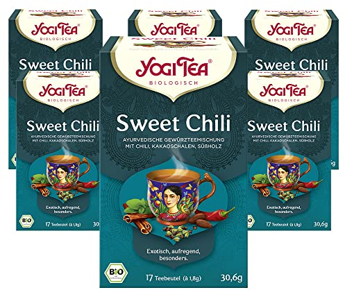 Yogi Tea - Sweet Chili, Ayurvedischer Bio Gewürztee, Mischung aus Kakaoschalen, Chili und Lakritz, Yogi Tee 6er Pack, 6x17 Beutel (102 Teebeutel insgesamt), Ideal als Geschenk
