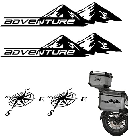 Nouvelle Génération 2 Autocollants Stickers Monts Aventure de 34 cm + 2 Autocollants Roses des Vents de 15 cm valises pour Moto Enduro Adventure Trail Off Road Sport 4 x 4 Moto (Noir Mat)