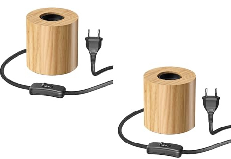 ledscom.de 2x Tischlampe HITO, Schalter, Echtholz (Gummibaum), rund, hellbraun, 1x E27 max. 60W