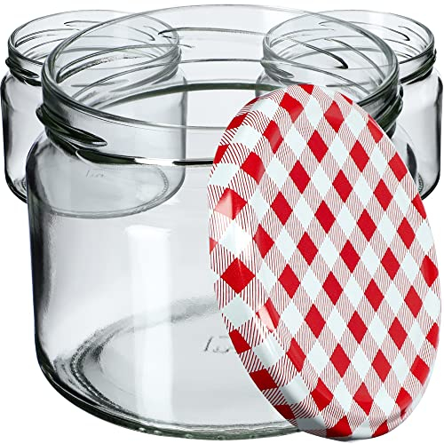 KADAX Lot de 100 bocaux à conserves avec couvercle vissé, pots à confiture 330 ml, bocaux de conservation pour confitures, gelées, miel, bocaux avec couvercle vissé (motif damier rouge)