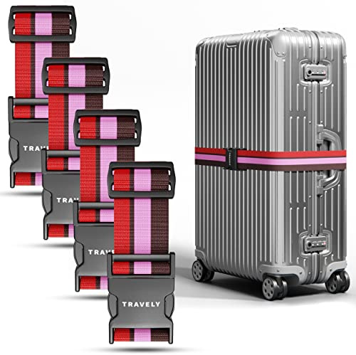Travely® Premium Koffergurt - Besonders Auffällig & Sicher - Inkl. 4 Namensschildern - Gepäckband ideal über Kreuz - [4er Set] - Rot-Pink-Braun