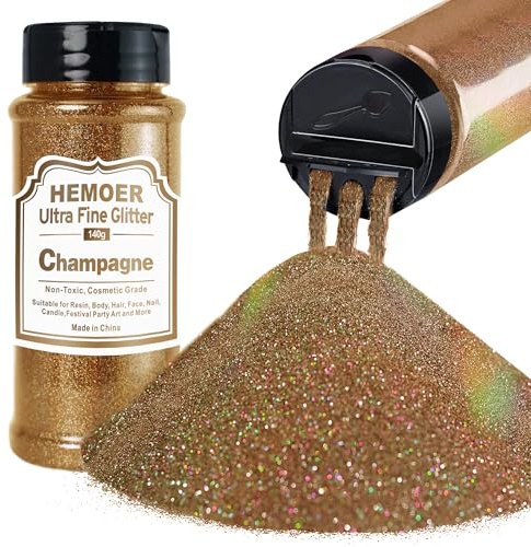 HEMOER Champagner Glitzer, 140g Bastel Glitzerpulver für Epoxidharz, DIY Basteln, Feine Handwerk Glitter für Tumbler Malerei Kerze Herstellung; Kosmetischer Glitzer, Haare, Körper Nagel Glitzer