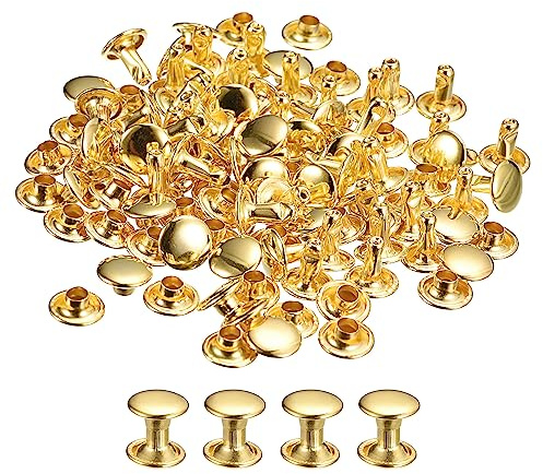 QUARKZMAN 100 Set Leder Nieten 8mm Runde Nieten Hohlnieten Doppelt Kappe Nieten 8mm Höhe Metall Nieten Niete für Leder Handwerk Reparatur DIY Geldbeutel Gürtel Taschen Schuhe Goldton
