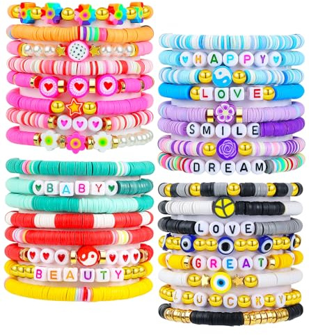 LUYI 32 Pcs Preppy Jewelry Bracelets for Women Clay Bead Colorful Surfer Heishi Bracelet Set Stackable Beaded Friendship Stretch Bracelets Boho Y2K Summer Beach Elastic Layering Bracelets