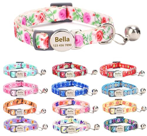 Moonpet Personalisiertes Katzenhalsband mit Namen und Telefonnummer, Katzenhalsband mit Sicherheitsverschluss und glöckchen-Herz Rose