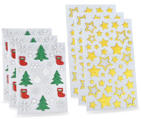 EODKSE Pegatinas Navideñas con Purpurina - Ideal para Decoración, Scrapbooking, Envolturas, Árbol y Botas de Navidad, Manualidades y más, Set de 6 Pegatina