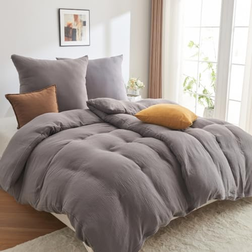 ADDSOUL Musselin Bettwäsche Set 135x200cm + 80x80cm Grau Bettwäsche Set Oeko Tex Knitterlook Bügelfrei Allergikerfreundlich mit Reißverschluss 100% Baumwolle Doppel Gauze