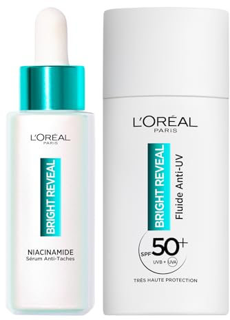L’Oréal Paris - Routine Anti-Taches - Sérum & Fluide Anti-UV SPF50+ - Enrichie en Niacinamide - Protège & Unifie - Pour Tous Types de Peau - Bright Reveal