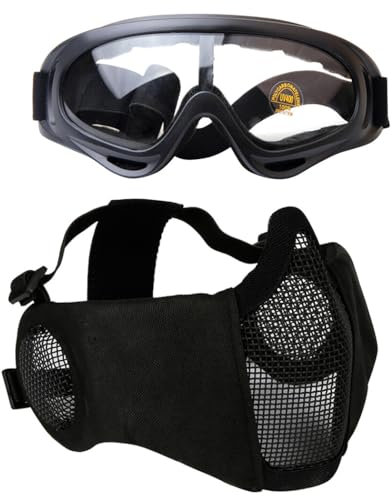 Kapmore Biegbare Halbgesichts-Airsoft-Maske mit Schutzbrille, verstellbar, Ohrenschützer, Schwarz, Einheitsgröße