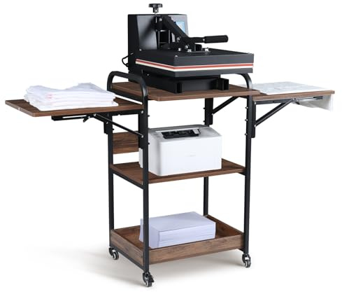 Kokorona Heat Press Stand Table with 3-Tier Storage, Heavy Duty Movable Metal Workbench with Folding Shelf, Easy Install