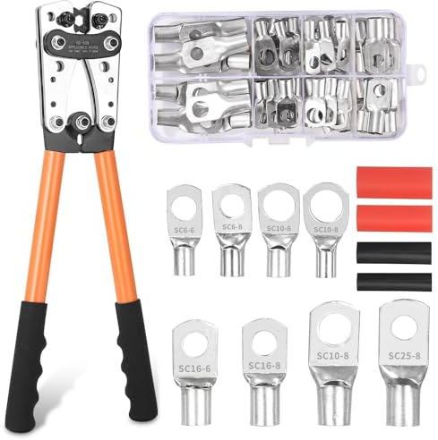 Batteriekabelschuh Crimpzange Set - Groß für 10-1/0 AWG Kabel, 6-50 mm² - Mit 8 Größen, 60 PCS Kupferringklemmen + 60 PCS Kabelschuhe - Zange für Batteriekabel