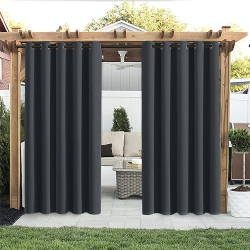 Hiseng Outdoor Vorhang Wetterfest mit Ösen 2er Set Balkon Outdoorvorhänge Wasserdicht Blickdicht Vorhang Outdoor Sichtschutz Sonnenschutz Vorhänge für Pavillon Terrasse Garten (180x213cm,Dunkelgrau)