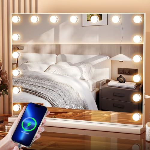 Aovquof Hollywood Spiegel mit Beleuchtung, Schminkspiegel mit 14 LED-Leuchten, 3 Lichtmodi, mit USB und 10x Vergrößerung, Tischplatte oder Wandhalterung für Schlafzimmer (80×62cm)
