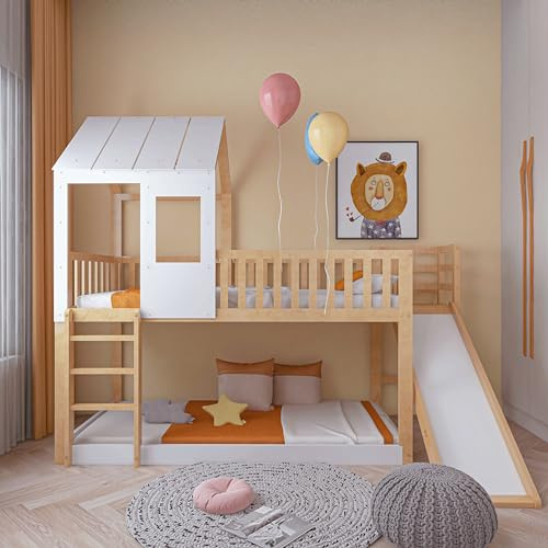 YCYDHDM Etagenbett 90x200cm mit Leiter und Rutsche, Kinderbett Stockbett untere Bett ist Bodenbett, Bettgestell aus Kiefernholz, Bett mit Lattenrost für 2 Kinder, Holzfarbe und Weiß