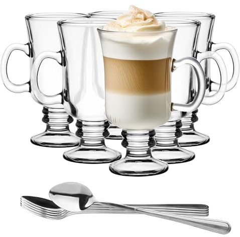 Glasmark KROSNO 1992 Juego De 6 Tazas De Café Latte Con Asa 200 ml Con Cucharillas Vidrio Transparente Resistente Al Calor Vasos De Capuchino Latte Macchiato Irish Coffee Té