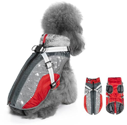 Eyein Hundemantel Winter, Wasserdichter Fleece Hundejacke mit Geschirr für kleine, mittlere und große Hunde, reflektierende verstellbare Welpenweste für Spaziergänge im Freien (Rot, XS)