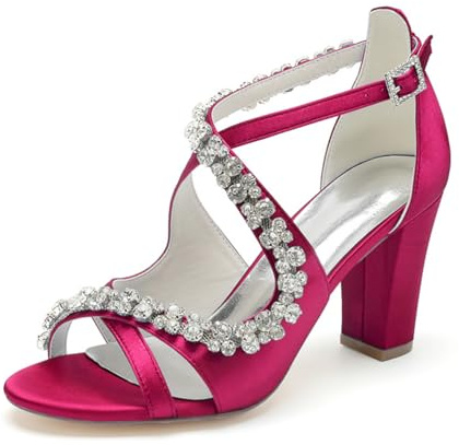 smlekwc Femmes Bout Ouvert Satin Mariage Sandales Croisé Bride Cheville Robe Escarpins avec Strass Bal De Fête Gros Haut Talon Chaussures pour La Mariée,Fuchsia,38 EU