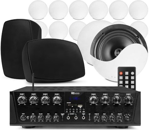 Power Dynamics 8-Zone Multiroom Speaker System - Home Ceiling Speaker System with 14 White Ceiling Speakers & Black Outdoor Garden Speakers - Bluetooth Connectivity & Individual Volume Control