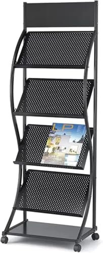 KAnduo Stehender Zeitschriftenständer Schwarzer Zeitungsständer aus Metall mit Riemenscheiben, Zeitungsständer in S-Form, Informationsständer, Buchpräsentationsständer Bodenständer
