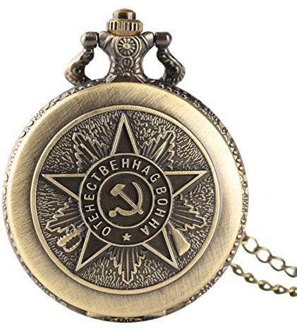 HUIBBGO Reloj de Bolsillo de Cuarzo Estilo Hoz y Martillo con Insignias soviéticas Vintage para Hombre y Mujer, Colgante Plateado con Emblema de Rusia, Regalo de Comunismo