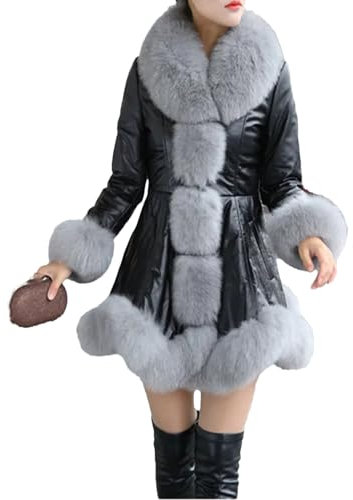 Alloaone Damen Winter Kunstfell Schaffell Mäntel halten warm mit Pelzkragen Slim Jacke, Schwarz , L Tall