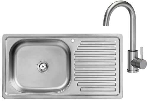 VBChome Edelstahlspüle mit Armatur 75x40x14 cm Edelstahl Glatt Küchenspüle mit Hahnloch Spüle Rechtsseitig Pflegeleichte Abtropffläche Camping Ablaufgarnitur Siphon Rechtsseitig Spül mit Armatur Inox
