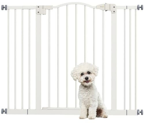 PawHut Barrera de Seguridad para Perros Extensible 74-100x78 cm Blanco | para Puertas y Escaleras, Barrera para Perros Medianos, 2 Extensiones 7/14 cm, Montaje a Presión, Doble Bloqueo