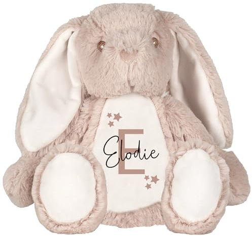 Personalised Bunny Rabbit Soft Toy with Name & Initial – Custom Baby Gift for Boys & Girls – Newborn, Christening, Easter & Baby Shower Keepsake Teddy (Brown Initial (Stars), Brown Bunny)