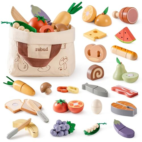 ROBUD Lekkök, tillbehör, trä, skärlek, livsmedel, 4-i-1-set, frukt, grönsaker, kött, bakning, livsmedel för barnkök, med förvaringsväska, present till flickor och pojkar, present