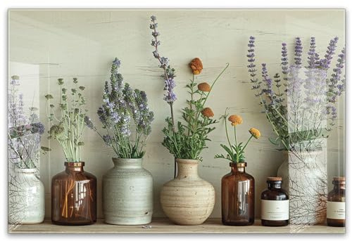 timalo Küchenbild aus Acrylglas modernes Wandbild Glasbild Deko Küche XXL Bild wie Glas | 60x40cm Trockenblumen, Vintage Vasen, Kräuter, Boho Deko, Naturstil, rustikale Einrichtung, Lavende