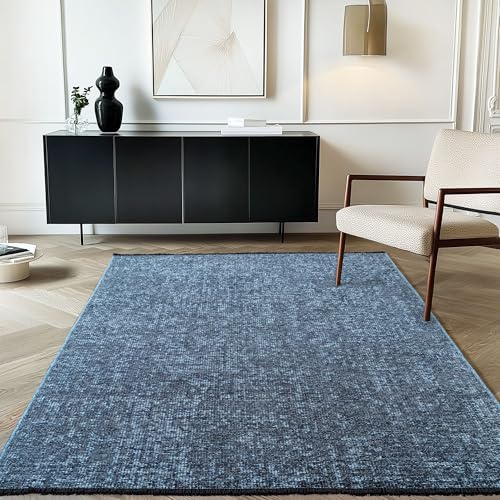 Carpetsale24 Baumwolle Teppich Blau 120x170 cm Waschbar, Boho-Stil, Vintage Kelim, Kurzflor, rutschfest & Weich, Einfarbig Meliert, Für Wohnzimmer, Schlafzimmer, Büro & Küche