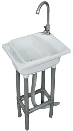 Lavabo da Bagno Bianco, Lavabo da Appoggio, Lavandino in Resina PP per Bagno WC Lavanderia Garage Guardaroba 38x28x79 cm / 15x11x31 Pollici D Rubinetto