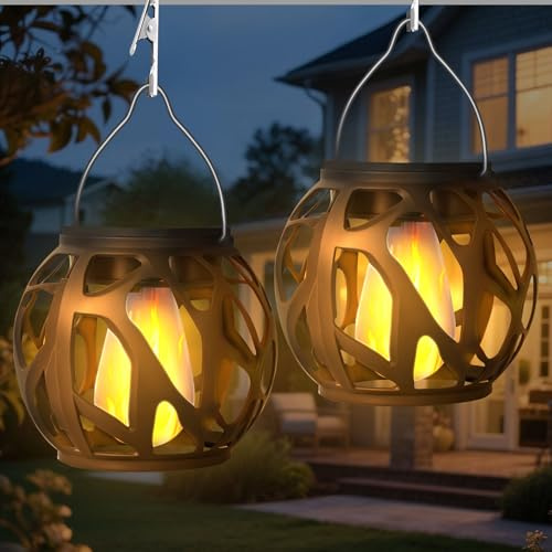 Solarlampen für Außen Hängend, 2 Stück Vintage Solar Laternen für Draußen, Solarleuchten für Außen mit Realistischen Flammeneffekt, IP65 Wasserdichte Solarlaterne Gartenleuchte für Patio Terrasse