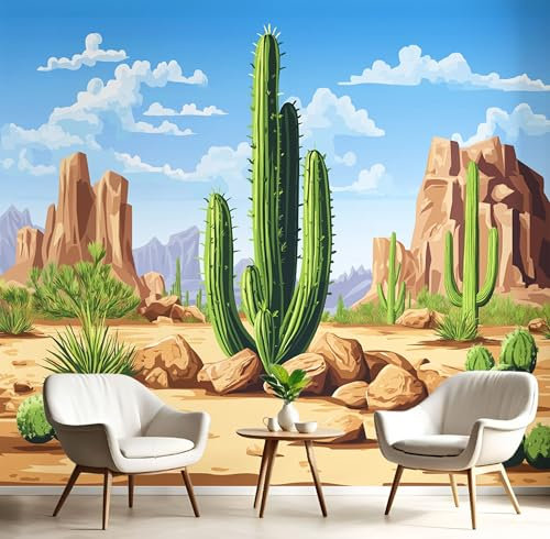 MIATCENRT 3D Desert Cactus Wallpaper Photo, Cartoon Art Wall Mural Home, Living Room Bedroom Restaurant Home Decoration Wall Covering 350x256cm (WxH), Custom Size Large Mural, Blue Brown