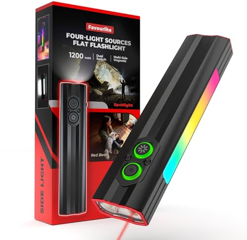 Favourlite Flat Rechargeable Flashlight, 1200 Lumens Magnetic Pocket Work Light with Clip, RGB Side Light & Red Beam, 4 Light Sources for Camping & Emergencies