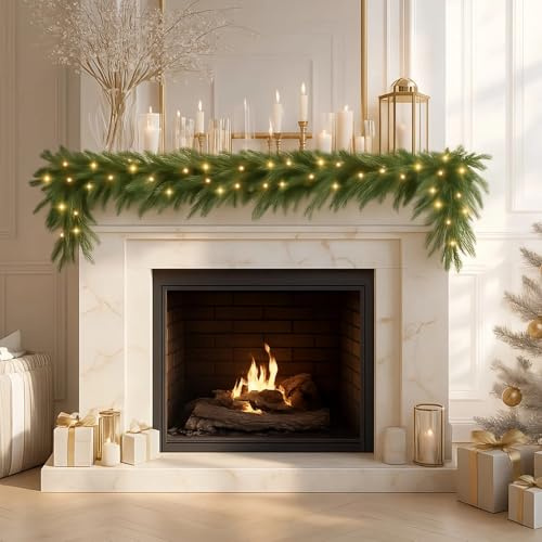 3M/9.8FT Christmas Garland with Lights, Decorations Fireplaces Stairs Artificial Wreath with 50 LED Lights Pine Cones Berries for Xmas Tree Front Door Home Holiday Decor (3 M)