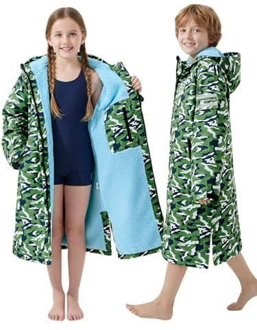 Summshall Waterproof Swim Parka for Kids Youths and Adults, Oversized Hooded Surf Changing Robe with Sherpa Fleece Lining, Windproof Warm Surf Poncho for Swimming, Surfing, Beach, Pool, Camping