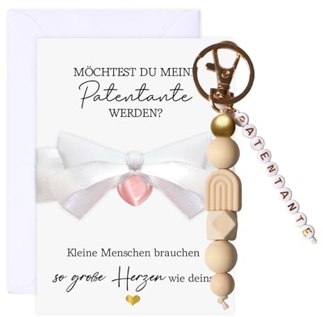 Augesak Patentante Fragen - Möchtest Du Meine Patentante Werden - Schlüsselanhänger,Schleifenband,Rosenquarz Herz,Grußkarte mit Umschlag,Kreative Taufpatin Geschenke
