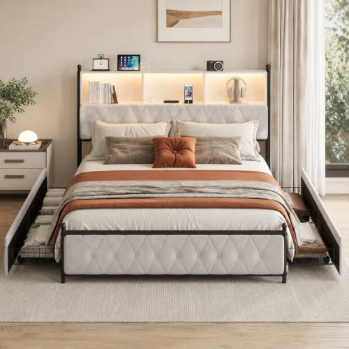 DULRLLY Betten 180 x 200 mit Stauraum, LED-Beleuchtung ＆ USB Ladefunktion, Polsterbett mit 4 Schubladen und Staufach-Kopfteil, Funktionsbett Doppelbettgestell mit Lattenrost, Ohne Matratz, Samt