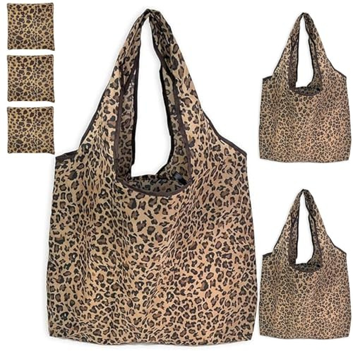 PjuQow 3 Stück Leopard Damen Handtasche, Damen klappbare Einkaufstasche, klappbare große Einkaufstasche, wiederverwendbare Multifunktions- für den Alltag, Dating, Einkaufen, Reisen, Camping