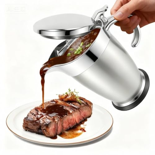 750ml Gravy Boat Stainless Steel Body with Anti-Drip Spout, Insulated Gravy Jug with Lid, Double Insulated Jug, Gravy Jug for Hot & Cold Sauce, Milk, Custard & Cream Server (Stainless Steel)