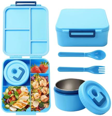 Lunch Box Set mit 320ml Thermobehälter für Essen, Auslaufsicher Brotdose mit 4 Fächern, Auslaufsicher Lunchbox mit Besteck, Isolierte Lunchtasche, BPA-Freie Thermo Lunchbox Kinder, Schule, Ausflüge