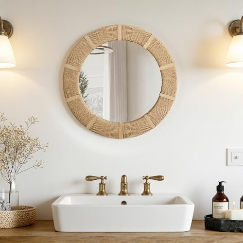 Hometopia Spiegel Rund 52 cm, Handgeflochtener Boho Dekorative Wandspiegel | Runder Badspiegel mit Rahmen aus Tannenholz und Papierkordel, Hängespiegel Dekospiegel für Bad Flur Wohnzimmer Schlafzimmer