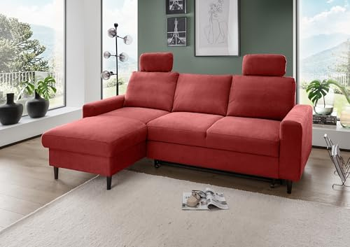 möbelando Ecksofa Pris in Rot – Schlafsofa mit Schlaffunktion, Staukasten & Recamiere | Platzsparend & Komfortabel | Mikrofaser, 234x88x147 cm (BxHxT)