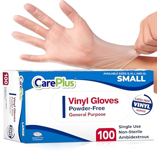 CARE PLUS Latex-Free Vinyl Gloves Clear Small Size 100 Count | Heavy Duty, Non-Sterile, Powder-Free, Rubber | Food Prep, Kitchen & Cleaning Gloves, Ideal for Professional Use