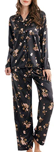 Damen Schlafanzug Pyjama Satin Lang Nachtwäsche Set Klassische Loungewear (Schwarze Blumen, L)