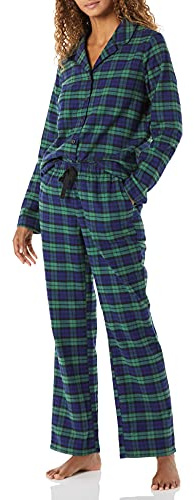Amazon Essentials Damen-Pyjama-Set, Flanell, langärmelig, Knopfleiste vorne, Kobaltblau, Grün, Blackwatch Plaid, Größe S