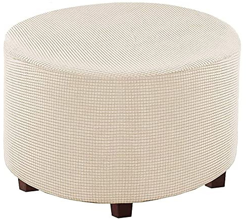 BXFUL Runde Stretchhussen für Ottomane, Jacquard, weicher Fußhocker, waschbar, elastisch, faltbar, für Wohnzimmer, Größe M, natürliche Farbe