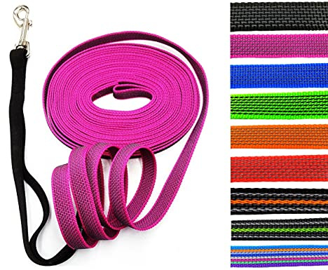 Schleppleine gummiert MIT RUCKDÄMPFER 1m - 30m / 20mm breit/für mittlere und große Hunde MIT/OHNE Handschlaufe (1,50m MIT Handschlaufe, Flieder gummiert)